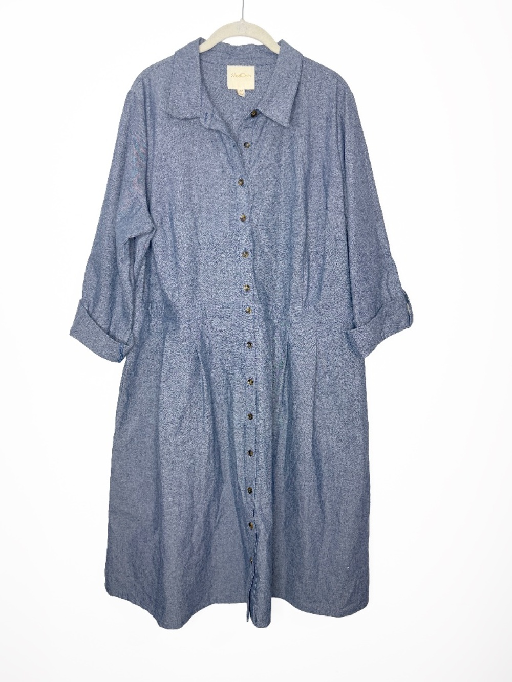 ModCloth 2X Blue Cotton Chambray Shirt Dress Button Front Pockets NWOT